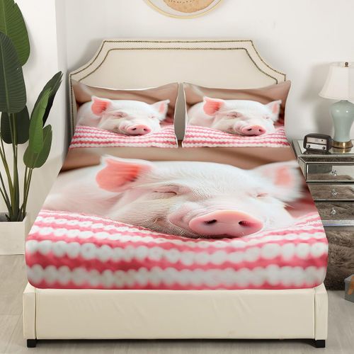 Castle Fairy Pink Pig Bedding Set Twin Size Sleeping Pig Bed Set for Girls Teens Bedroom Decor Kids Red Stripes Fitted She...
