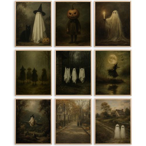 Nonlae 9PCS Vintage Halloween Wall Art Prints – Witchy Ghost Posters for Room Aesthetic, Gothic Black Cat Painting, Spooky...
