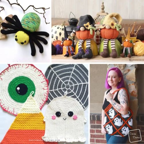 A collage of Halloween crochet patterns featuring a spider, pumpkin gnomes, Halloween dish cloths and a woman holding a ghost bag.