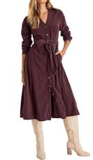 R.Vivimos Womens Fall Winter Corduroy Midi Dress Long Sleeve V Neck Button Down Belted Flowy Shirt Dress with Pockets (Small, Maroon)
