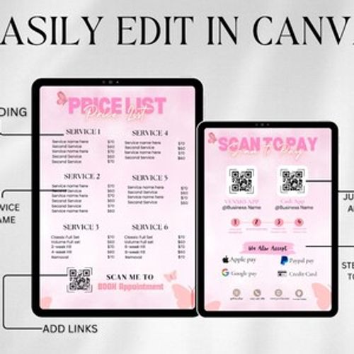 May include: A pink and white digital price list with a butterfly design. The price list includes services, prices, and QR codes for booking appointments and paying. The text on the price list reads 'Price List', 'Service 1', 'Service 2', 'Service 3', 'Service 4', 'Service 5', 'Service 6', 'Scan Me To Book Appointment', 'Scan To Pay', 'Venmo App @Business Name', 'Cash App @Business Name', 'We Also Accept', 'Apple Pay', 'Paypal Pay', 'Google Pay', 'Credit Card', 'Just Scan And Pay', 'Steps How To