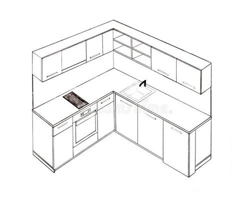 Hand drawn illustration of furniture isolated on white. Please, feel welcome to check out my huge superior library of interior hand drawings. Modern kitchen drawing illustrations