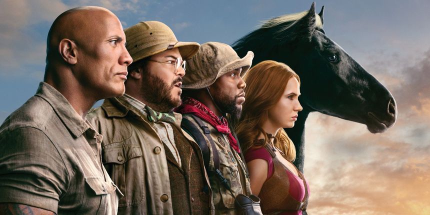 The players looking off in the distance in Jumanji: The Next Level