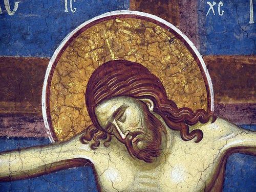 christ crucified on the cross fresco blue background bowed head orthodox icon