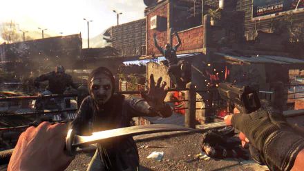 A gripping scene from the video game Dying Light, showcasing a character wielding a weapon against approaching zombie foes in a detailed urban environment. 4K Ultra HD quality enhances the action.