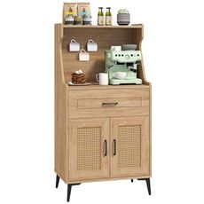 LOKO 45.5” Kitchen Pantry Cabinet, Coffee Bar Cabinet with DIY Pegboard, Rattan Buffet Sideboard with Storage Drawer & Adjustable Shelf, Mid Century Modern Hutch Cabinet for Living Room, Oak (1)