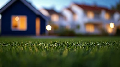 Evening lawn in front of lit houses