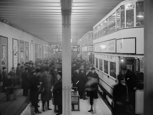 Crowded Vintage Tram Station