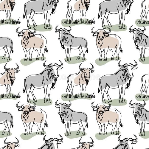 Seamless Wildebeest Pattern in Hand-Drawn Vector Style. Repeating Vector Illustration of Wildebeest on Grass. Gnu wildebeest vectors