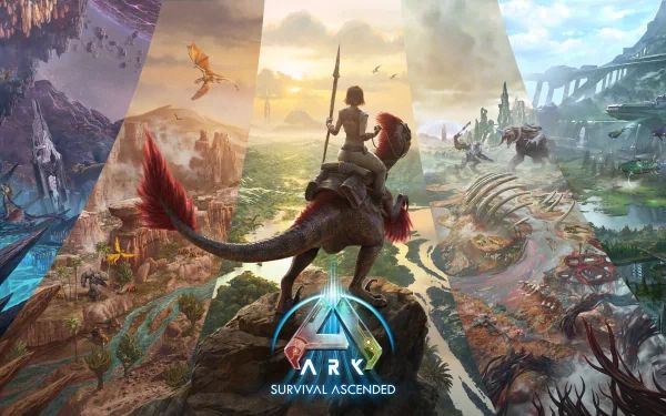 HD desktop wallpaper for ARK: Survival Ascended featuring a dynamic scene with a character riding a flying creature above a vibrant, prehistoric landscape.