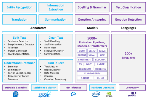 关系图，其中显示了自然语言处理功能的区域，例如实体识别。各种框列出了自然语言处理批注器、模型和支持的语言。