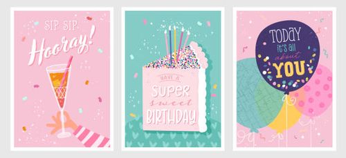 Set of birthday postcards with confetti, balloons, cocktail, cake and hand writing. Invitations, happy birthday. Vector templates great for card, poster, flyer or banner Set of birthday postcards with confetti, balloons, cocktail, cake and hand writing. Invitations, happy birthday. Vector templates great for card, poster, flyer or banner birthday-card stock illustrations