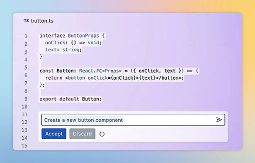 Visual Studio Code 编辑器的屏幕截图，上面显示了按钮组件的 TypeScript 代码