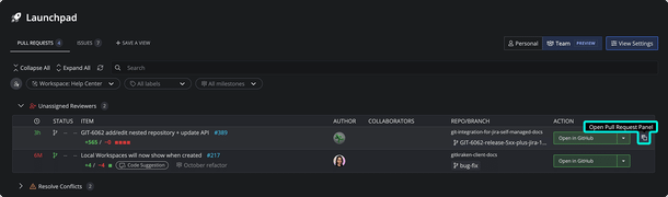 Launchpad view in GitKraken Desktop showing a list of pull requests with an option highlighted to open the pull request panel.