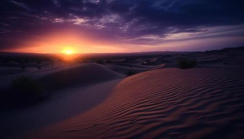Arid Africa Majestic sunrise, tranquil sunset, remote horizon, beauty in nature generated by AI photo
