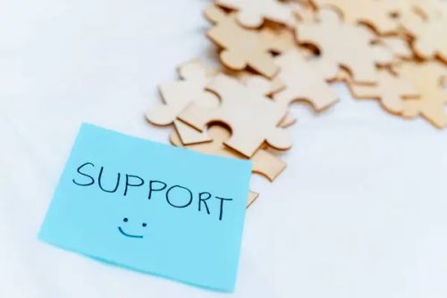 Business Support Puzzle Pieces Office Desk Digital Note Organized Environment — Stock Photo, Image