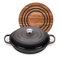 Le Creuset 3 1/2 qt. Signature Cast Iron Braiser Bundle with Magnetic Wooden Trivet - Oyster