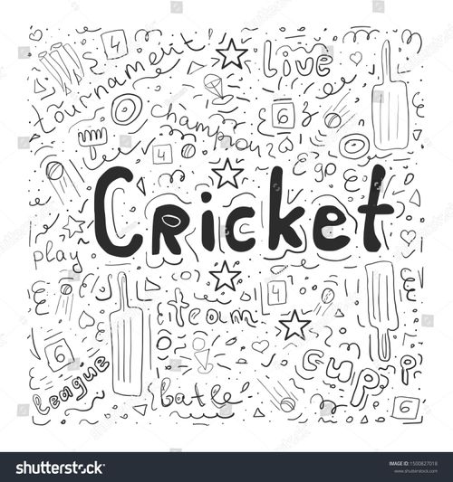 the word cricket surrounded by doodles and confetti on a white background stock photo