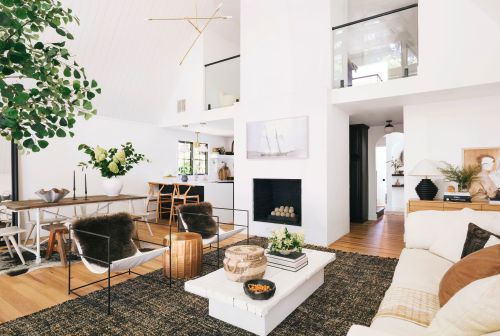 Modern living room with high ceilings