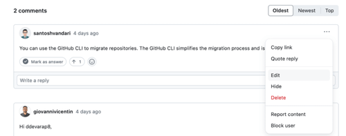 Screenshot of a comment with the menu options pulled up (access by clicking the three dots at the top of the comment.) The options include edit, hide, delete, report content, and block user.