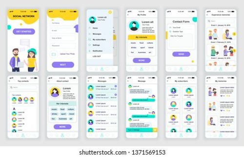 Set of UI, UX, GUI screens Social Network app flat design template for mobile apps, responsive website wireframes. Web design UI kit. Social Network Dashboard. Stock Vector