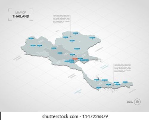 Isometric  3D Thailand map. Stylized vector map illustration with cities, borders, capital Bangkok , administrative divisions and pointer marks; gradient background with grid. 
 Stock Vector