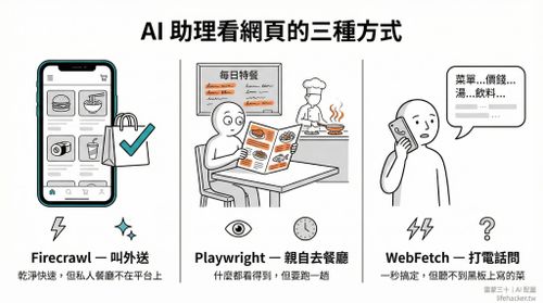 AI 助理看網頁的三種方式：Firecrawl、Playwright、WebFetch 比喻圖
