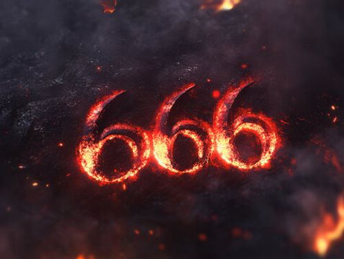 The number 666 in red letters on a black background. The letters are surrounded by flames, giving the impression of a fiery, ominous message. Scene is dark and foreboding, with the flames