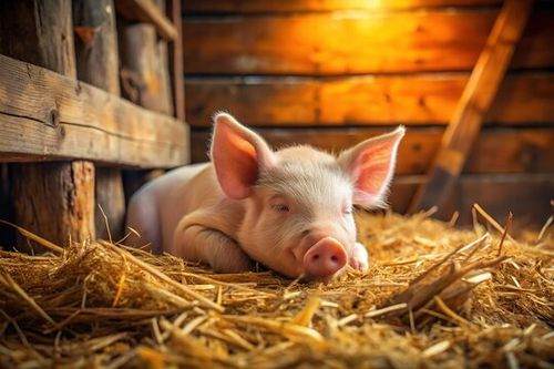 Adorable Sleepy Piglet, Post-Feeding Nap in Rustic Shed