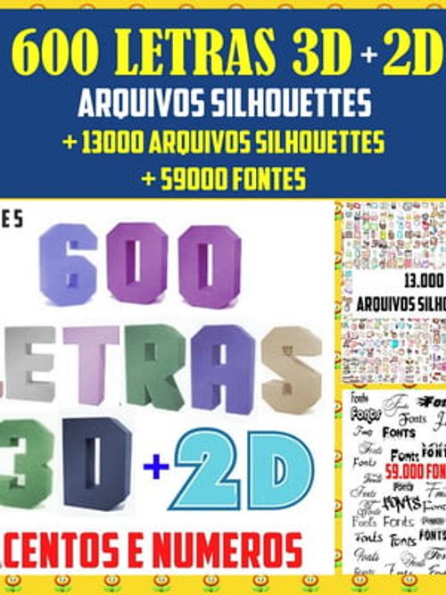 Letras 3d 600 arquivos corte silhouette e fontes