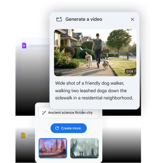AI video tool generating clips from prompts, including a video of a dog walker on a sidewalk.