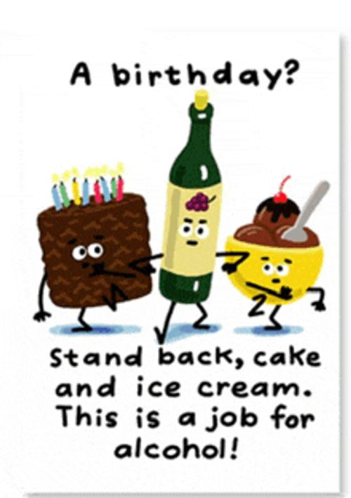 a birthday card with a cake ice cream and a bottle of wine