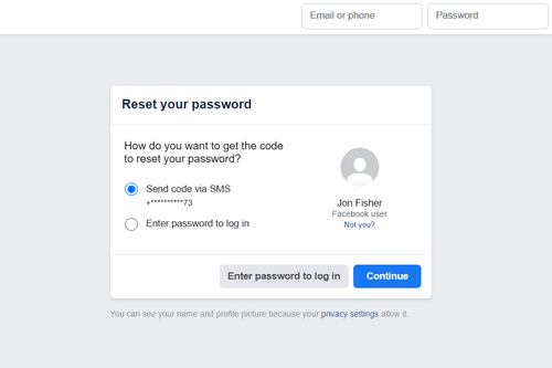 The Send code via SMS option selected on Facebook's Reset your password form