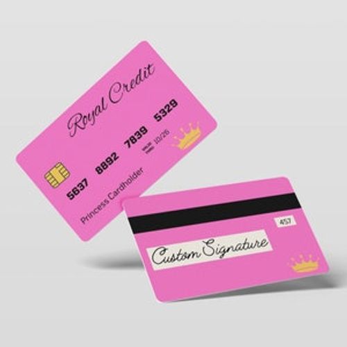 May include: Two pink credit cards with a gold crown design. The top card has the text "Royal Credit" and the number "5637 8892 7839 5329". The bottom card has the text "Custom Signature" and the number "457".