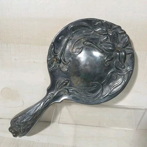 Antique Silver Plate Hand Mirror Victorian Vanity Art Nouveau Repousse 5.5" - Image 1 of 4