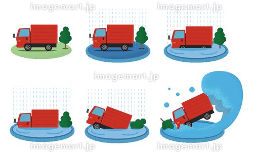 水害に遭う赤いトラックのベクターイラストセット 自然災害,自然現象,集中豪雨のイラスト素材