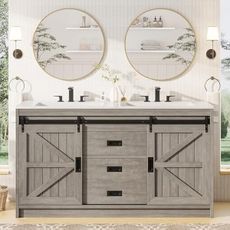 AMERLIFE Double Farmhouse Bathroom Vanity with Sink, 61in Sliding Barn Door Bathroom Storage Cabinet with Sliding Doors & Drawers, Dual Basin, Large Double Bath Vanity Sink Combo, Light Grey