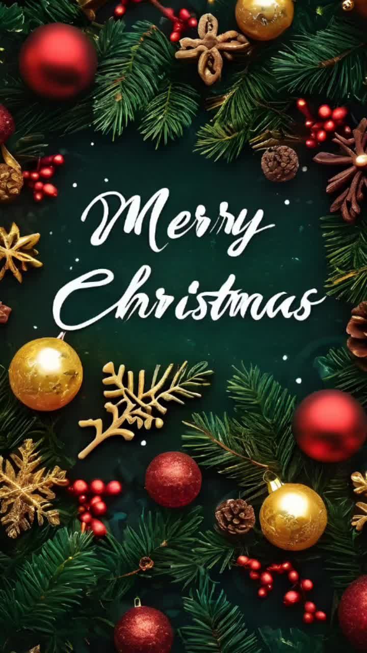 This may contain: merry christmas card with golden and red ornaments on a green background, surrounded by pine branches