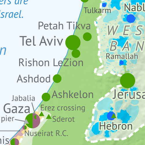Thumbnail preview of map of who controlled Palestine and Israel's claimed territories on June 27, 2024, during the so-called Rafah offensive. Shows both Israeli and Palestinian Authority administration (Fatah and Hamas factions indicated separately). Includes bigger West Bank map (Area A, Area B, and Area C). Map also includes Gaza Strip, Golan Heights, major cities and Israeli settlements, UN peacekeeper deployments (UNIFIL in Lebanon and UNDOF in Syria), no man's land, Golan Heights buffer zon