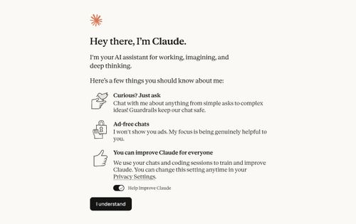 Claude 的簡單介紹，需勾選是否要將對話用來改善模型