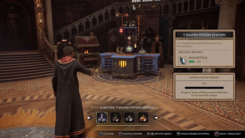 Gameplay screenshot from Hogwarts Legacy showing a customisable potion station in the Room of Requirement
