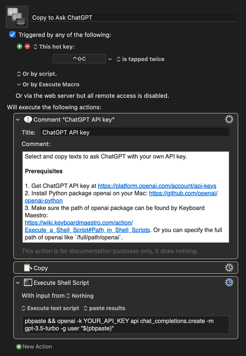 在 Keyboard Maestro 中执行 Shell 脚本使用 ChatGPT API 的命令行工具