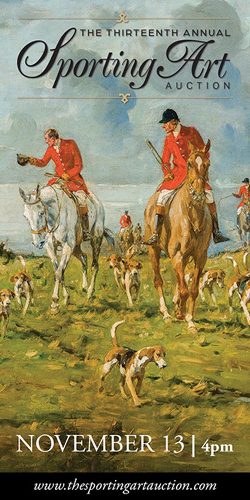 painting of two huntsmen in red coats one tipping hat with hounds around and field of riders behind
