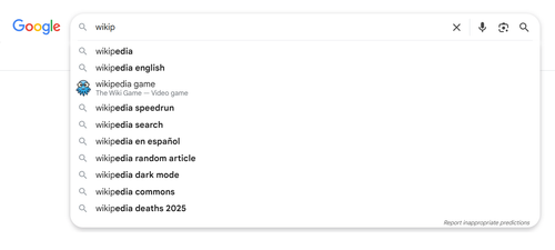 a screenshot of suggestions by google search when %22wikip%22 is typed new