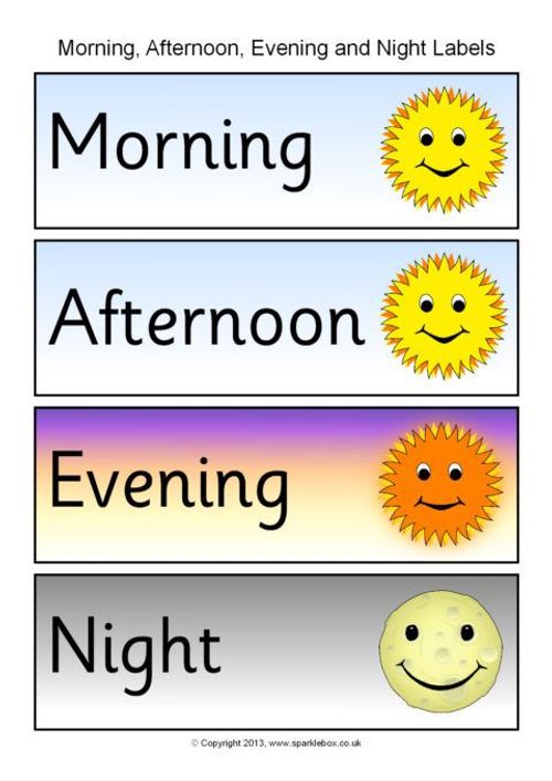 Morning, Afternoon, Evening and Night Word Labels (SB10153) - SparkleBox Times Of The Day Chart, Times Of Day Chart, Morning Afternoon Evening Night, What Time Is Dusk, Weather Symbols And Names Pdf, Times Of The Day, Bee-themed Weather Chart For Kids, Daytime Vocabulary Chart, Weather Chart For Kids Pdf