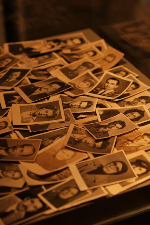 Free A collection of vintage sepia toned portraits displayed in a pile for nostalgic effect. Stock Photo