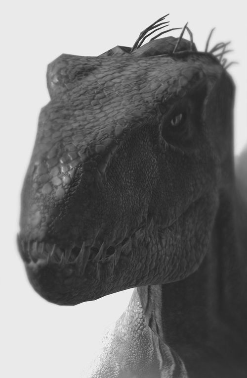 a black and white photo of a dinosaur's head