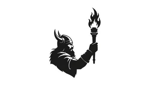Black silhouette of a viking warrior holding a flaming torch in his hand, profile view, against a white background
