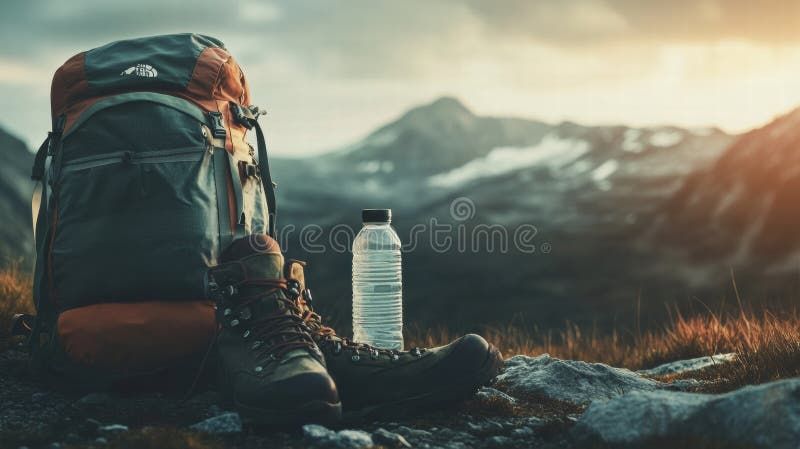 A daypack, water bottle, and map on a wooden bench