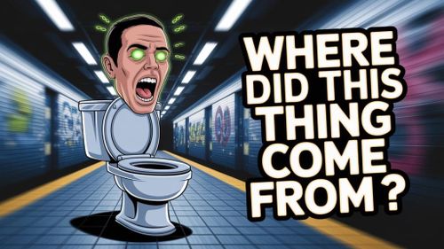 Singing toilet with human face in glitchy, animated background